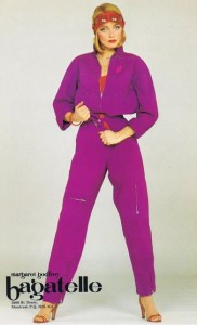 Advertisement for pant suit designed by Margaret Godfrey for Bagatelle, 1980