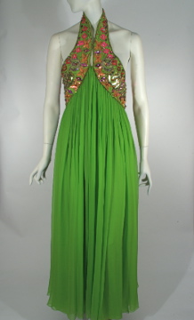 Green silk evening gown with sequinned bodice, by Oscar de la Renta for Jane Derby, c. 1967