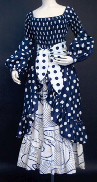 Blue and white polka-dot gypsy inspired outfit, by Oscar de la Renta, c. 1972