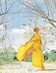 Varuchka modelling a Claire Haddad in the April 15 1966 edition of Vogue